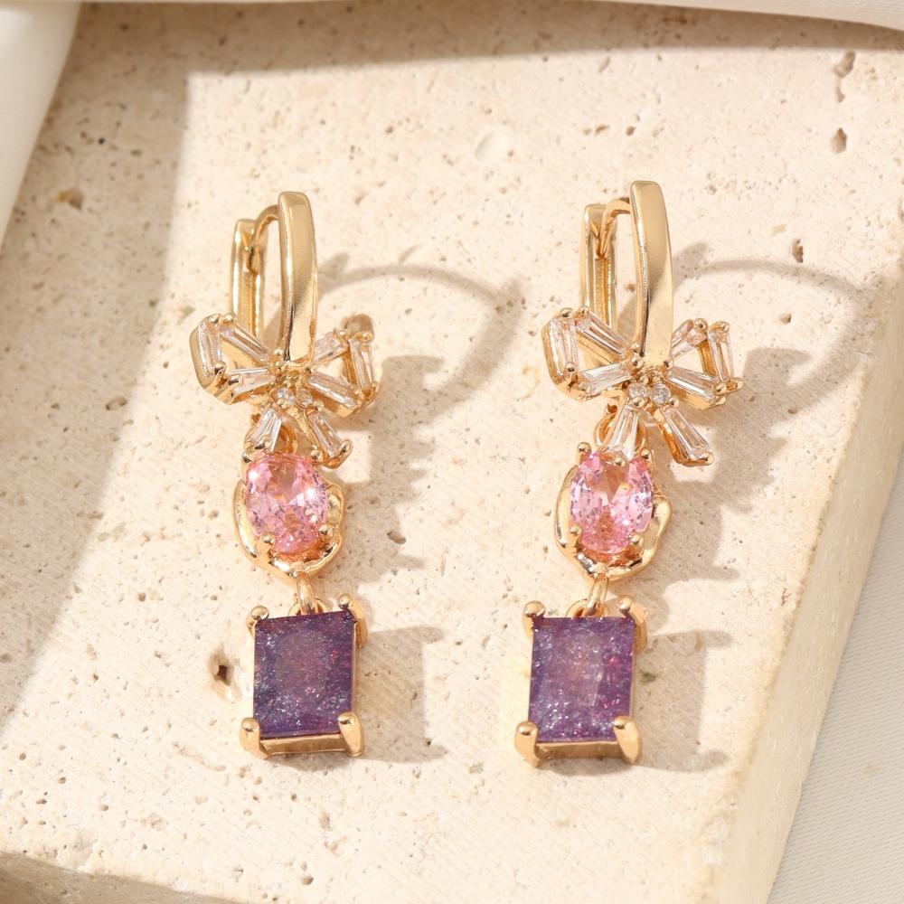 

Golden Plated Bow Drop Earrings with Pink & Purple Zirconia for Women золотой