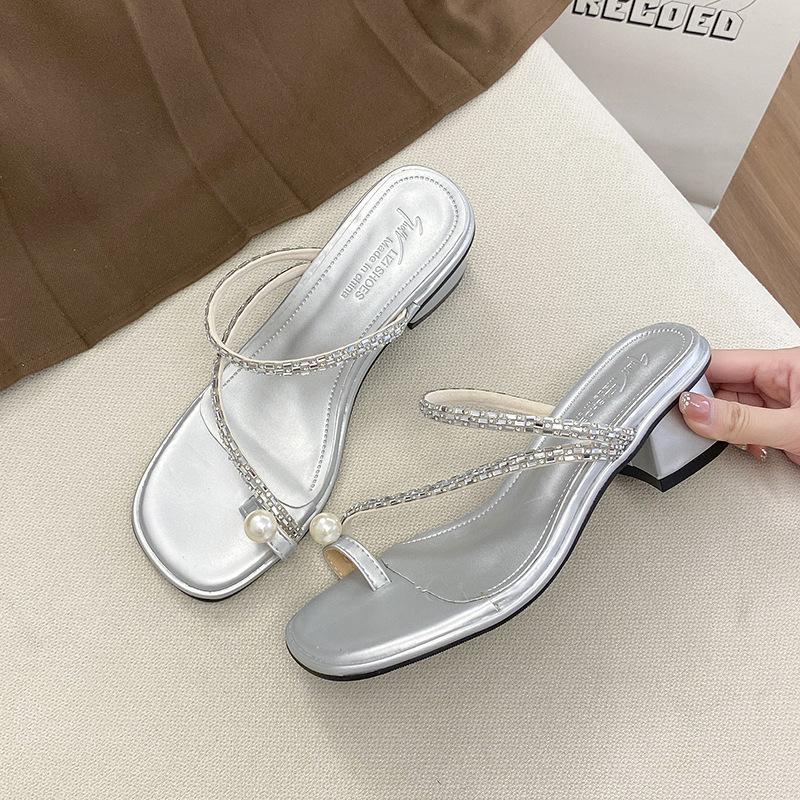 Thick heel set toe pearl cool slippers women wear summer new rhinestone mid-heel toe sandals