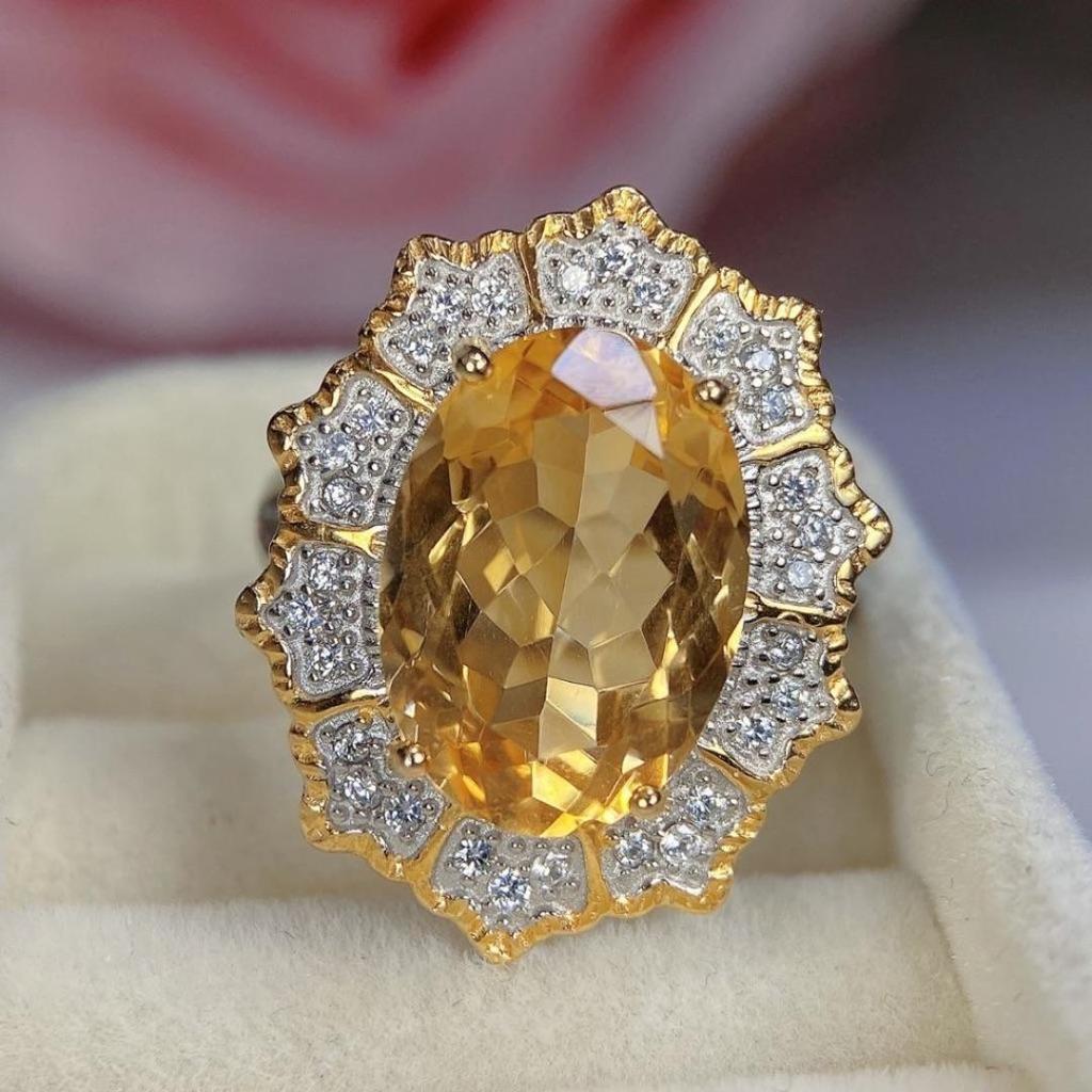 Court-Style Adjustable Citrine Ring with S925 Silver Inlay