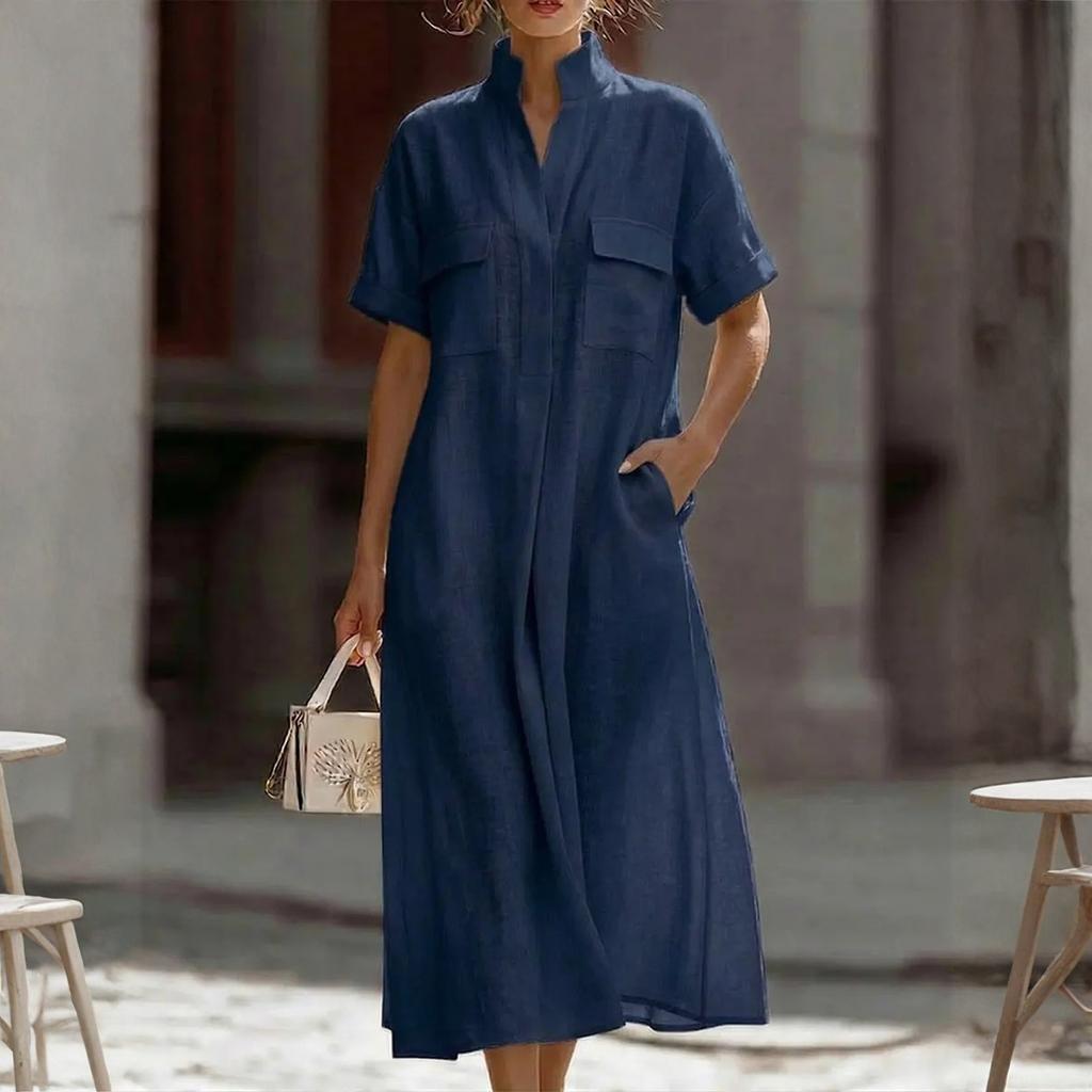 Women's Casual Short-Sleeved Multi-Colored Pocket Loose Casual Dress