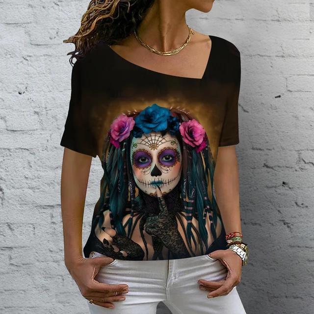 Summer V-neck 3D Skull Rose Print Top Fashionable Casual Short Sleeved Women's T-shirts