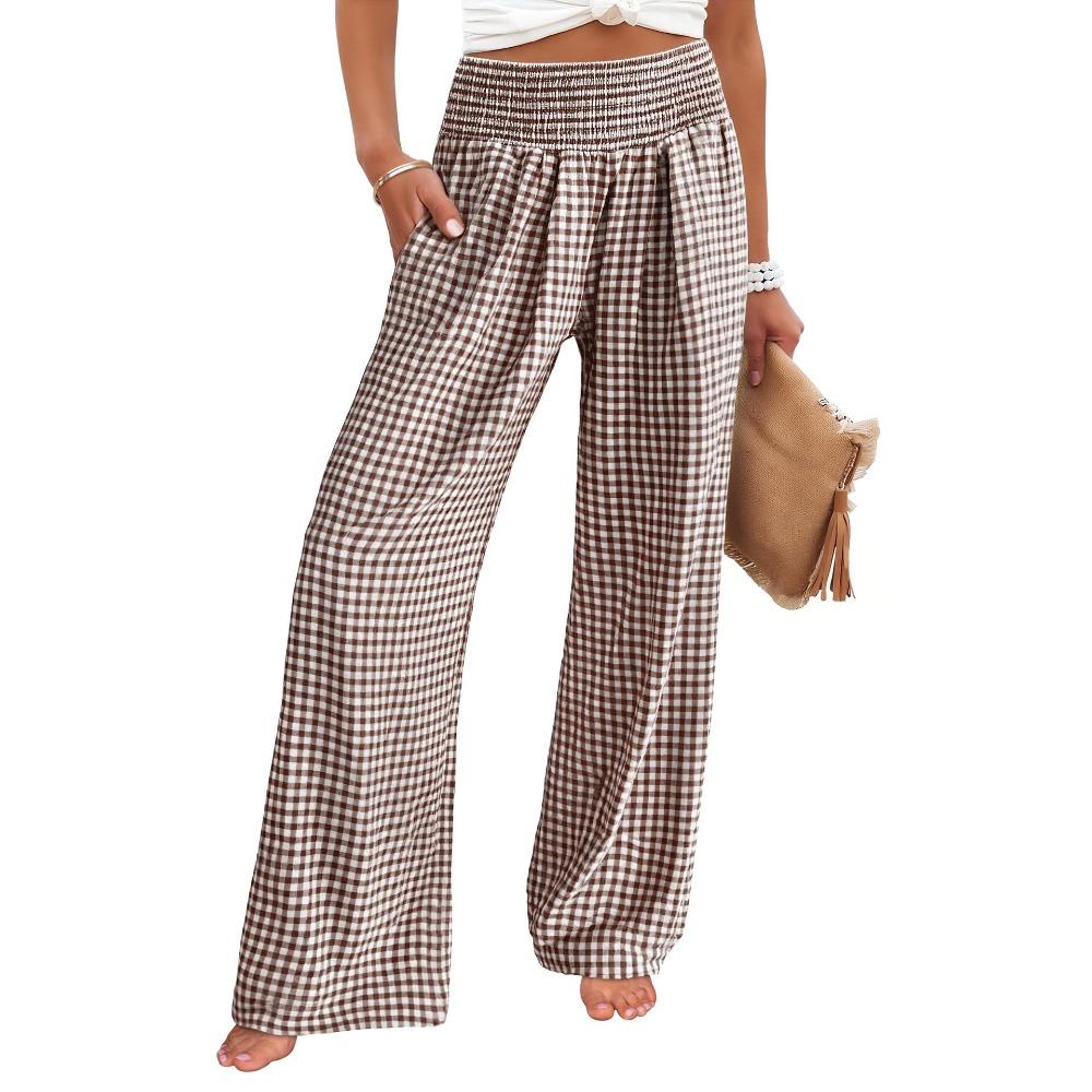 Plaid Wide-leg Pants, High-waisted, Slimming, Fashionable and Casual, Stretched-waist Pocket Trousers