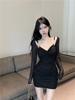 JIYUTOR Sexy Mini Cabaret Bodycon Party Solid Gathered Dress Women's Dress, Dress, Dress, Dress, Color, Sexy, Slimming, Sheer, V-Neck, Décolleté