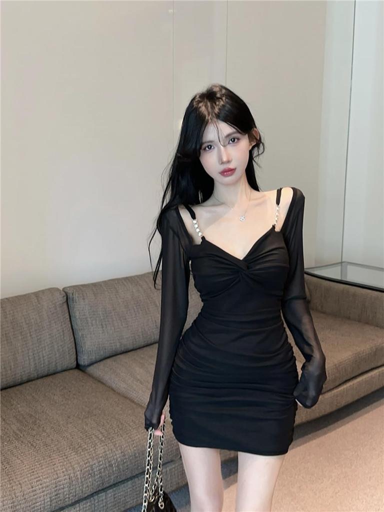 JIYUTOR Sexy Mini Cabaret Bodycon Party Solid Gathered Dress Women's Dress, Dress, Dress, Dress, Color, Sexy, Slimming, Sheer, V-Neck, Décolleté