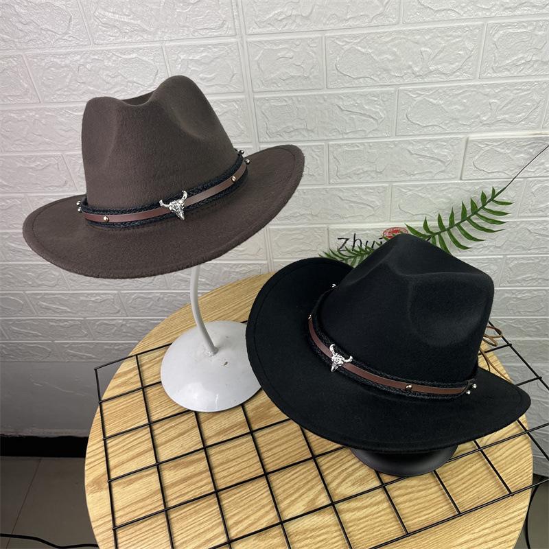 New Horn Head Belt Cowboy Hat Fashionable Jazz Hat Retro Tweed Hat Black Top Hat Trendy