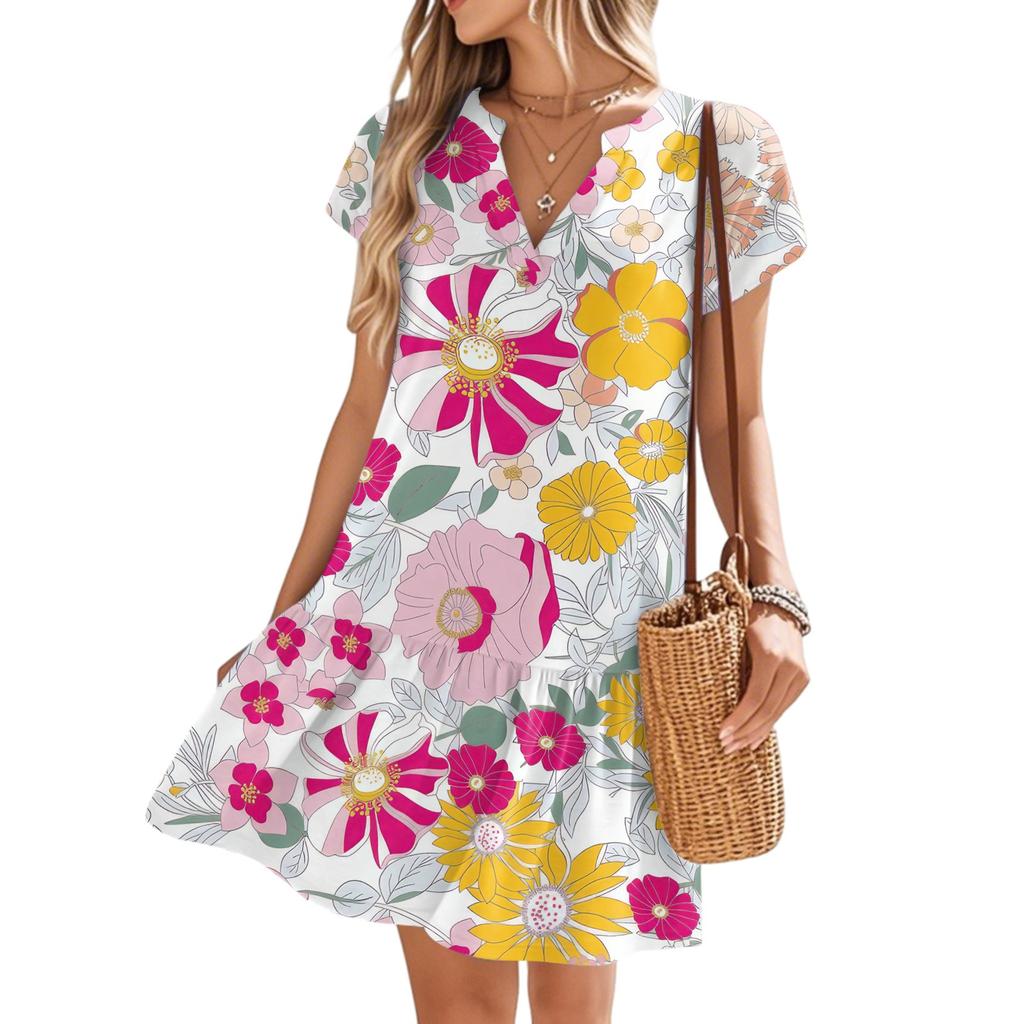 Damenkleider Kurzarm V-Ausschnitt Blumendruck Locker Lässig Temperament Strandkleider