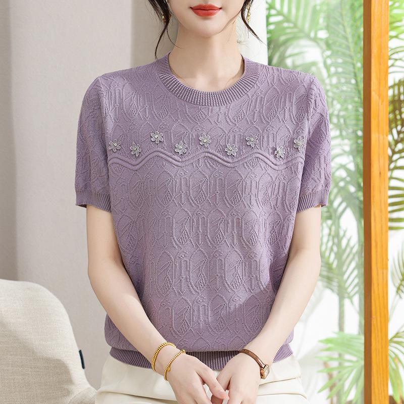 Stylish Round Neck Jacquard Ice Silk Knit Top for Mothers - Short Sleeve Summer Wear for Middle-aged and Elderly