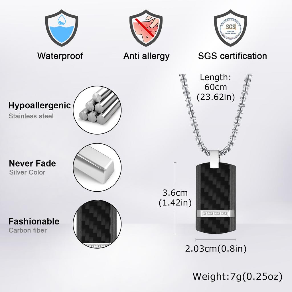 Vnox Mens Luxury Carbon Fiber Dogtag Necklaces,Black Military Dog Tags Pendant with Box Chain,Bold Geometric Collar Jewelry Gift