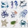 1 Set Sea Animal PET Hollow Out Drawing Painting Stencils for DIY Scrapbook Photo Album with 1Pc Art Paint Brushes Mixed Shapes 200x200mm 9pcs/set