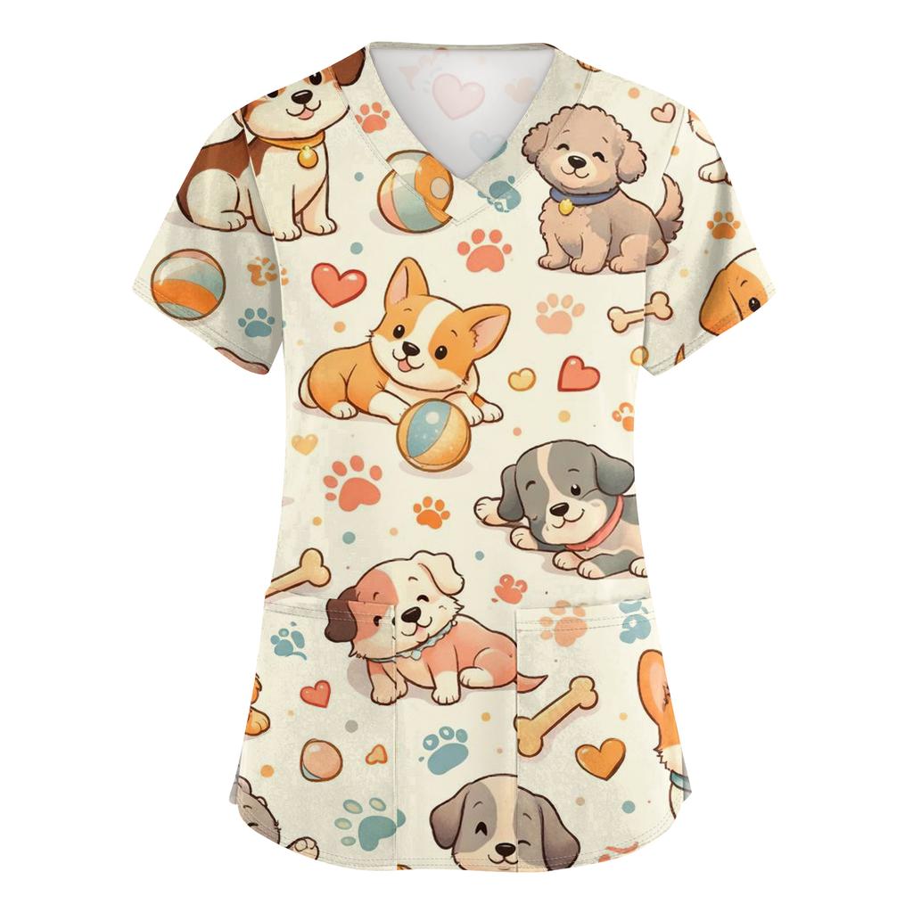 Women's Casual Short-Sleeve Cute Animal Print V-Neck Pocket Workwear Top