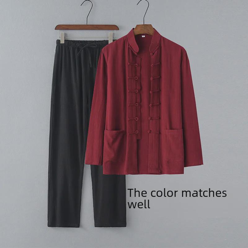 Chinese Style Summer Linen Tang Suit: Men's Retro Hanfu Long-Sleeved Jacket for Middle-Aged and Elderly