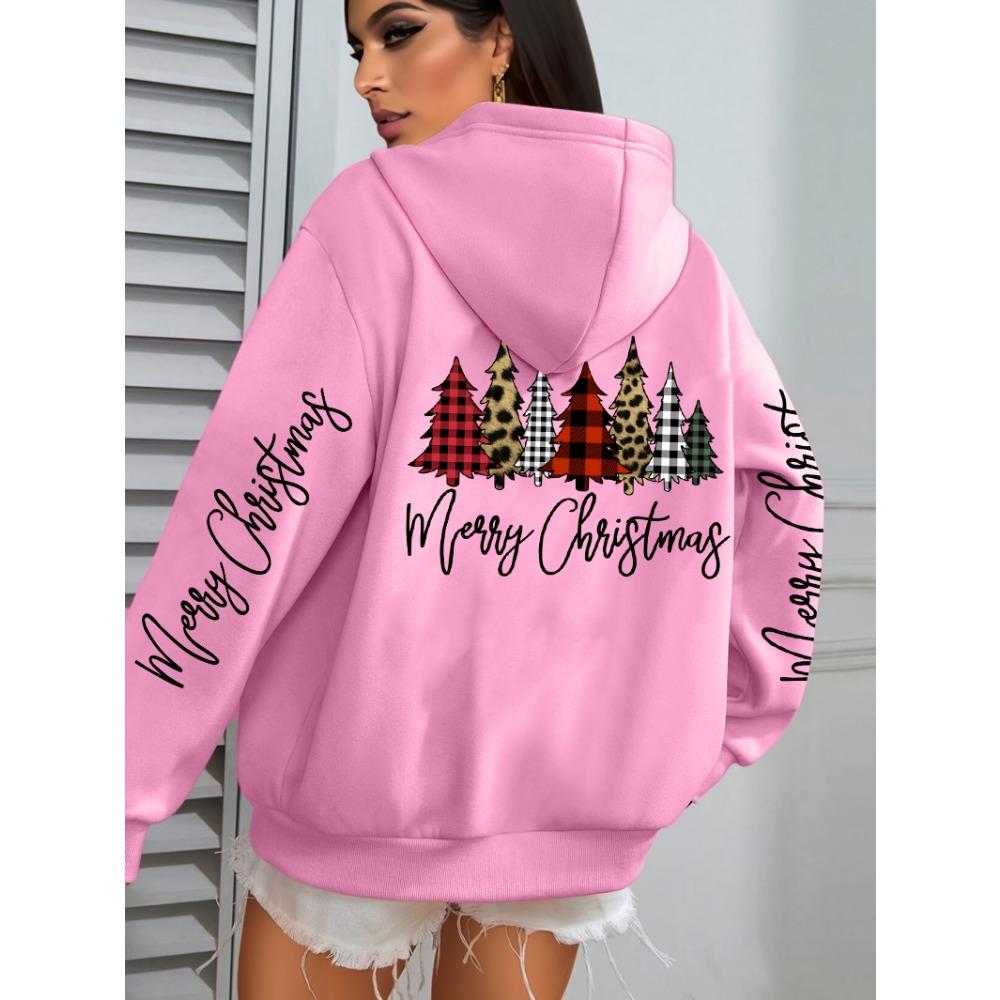 Merry Christmas Leopard Plaid Trees Prints Women Hoodies Loose Hoody All-Match Pocket Pullovers Autumn Hip Hop Streetwear