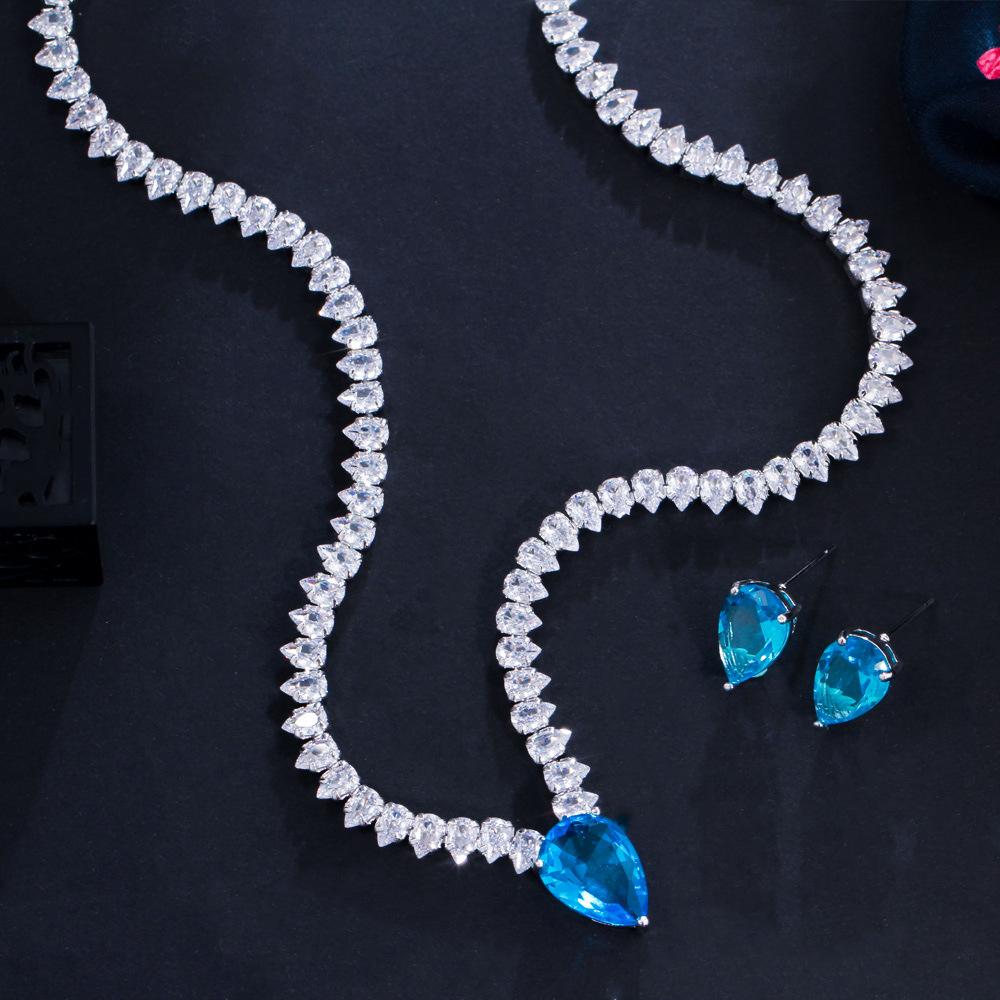 Tide Creative Shiny Zircon Bright Diamond Water Drop Necklace Earrings Two-Piece Set
