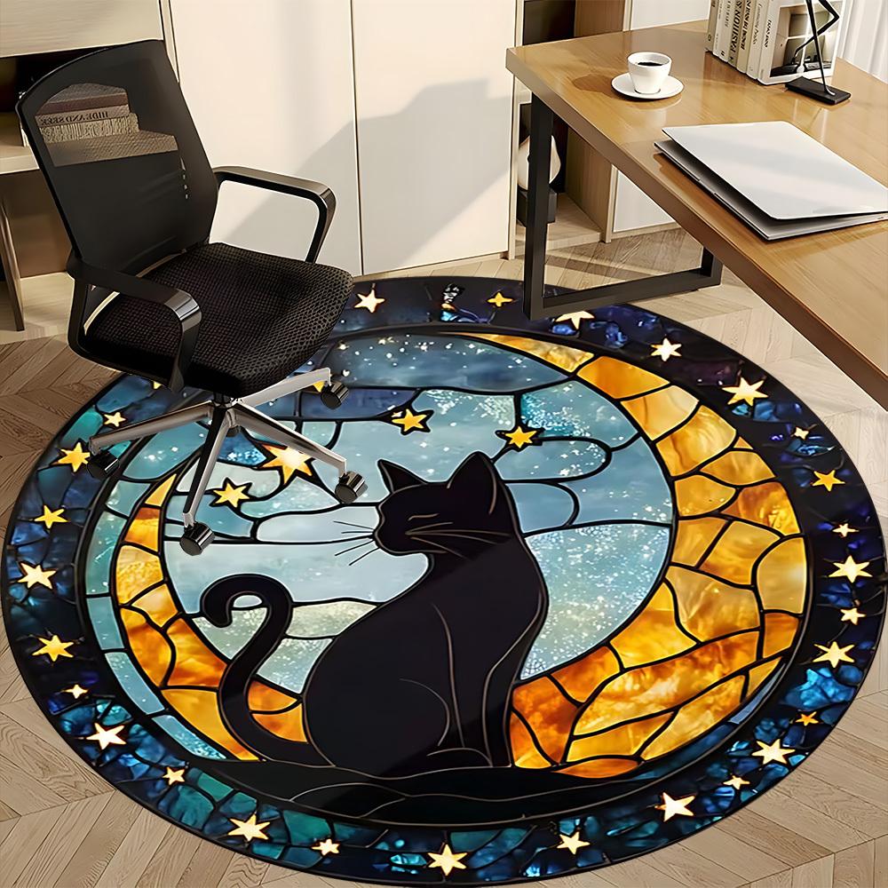 1pc Starry Night Cat Office Round Area Rug, Indoor Mat Suitable ForOffice, Under Office Chairs Bedroom Living Room Home Decor T165
