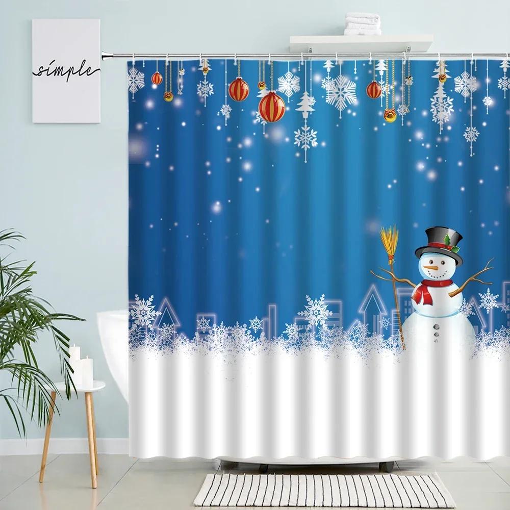 Funny Christmas Snowman Shower Curtains Winter White Forest Cedar Xmas Ball New Year Holiday Decor Bathroom Fabric Bath Curtain