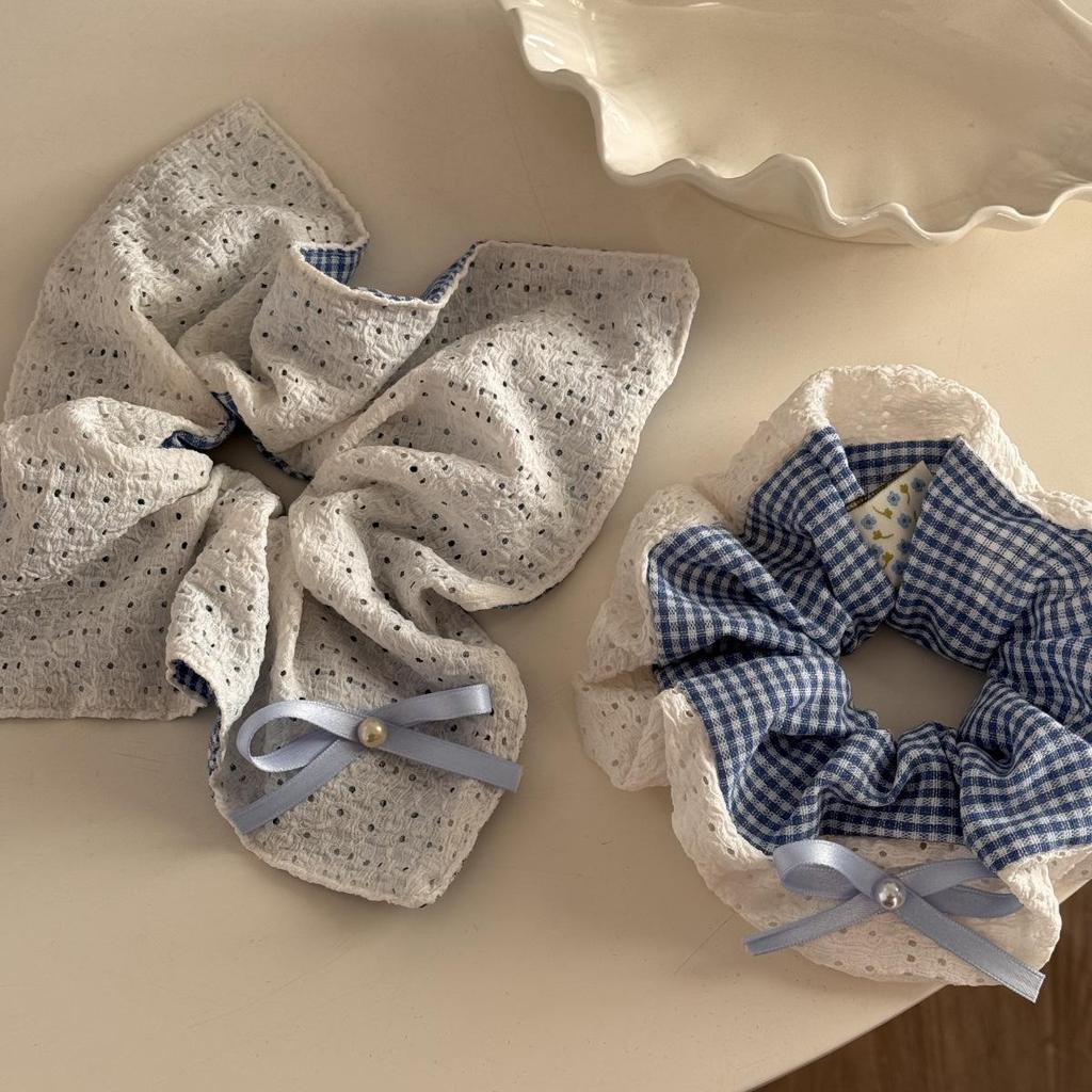Blue Plaid Double-Sided Bow Ballet Hair Tie - Mori Style