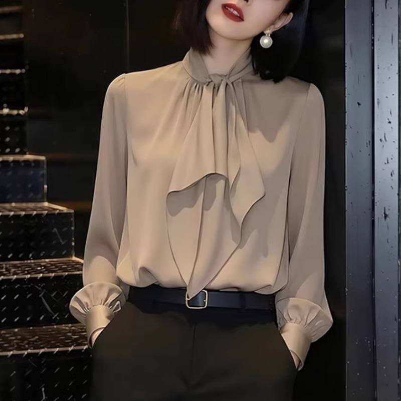 Women Elegant Tie Neck Long Sleeve Khaki Solid Commute Blouse Shirt S