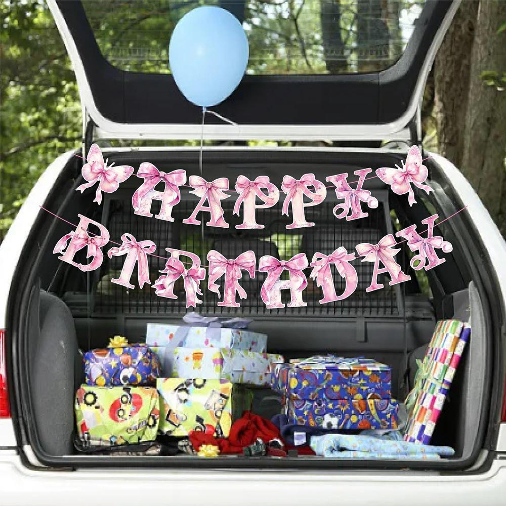 Bow Party Birthday Banner Girl's Birthday Pink Bow Spiral Pendant