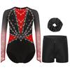 Mädchen Turnanzug Netz Langarm Leotard Strass-Dekor Shorts Stirnband Set