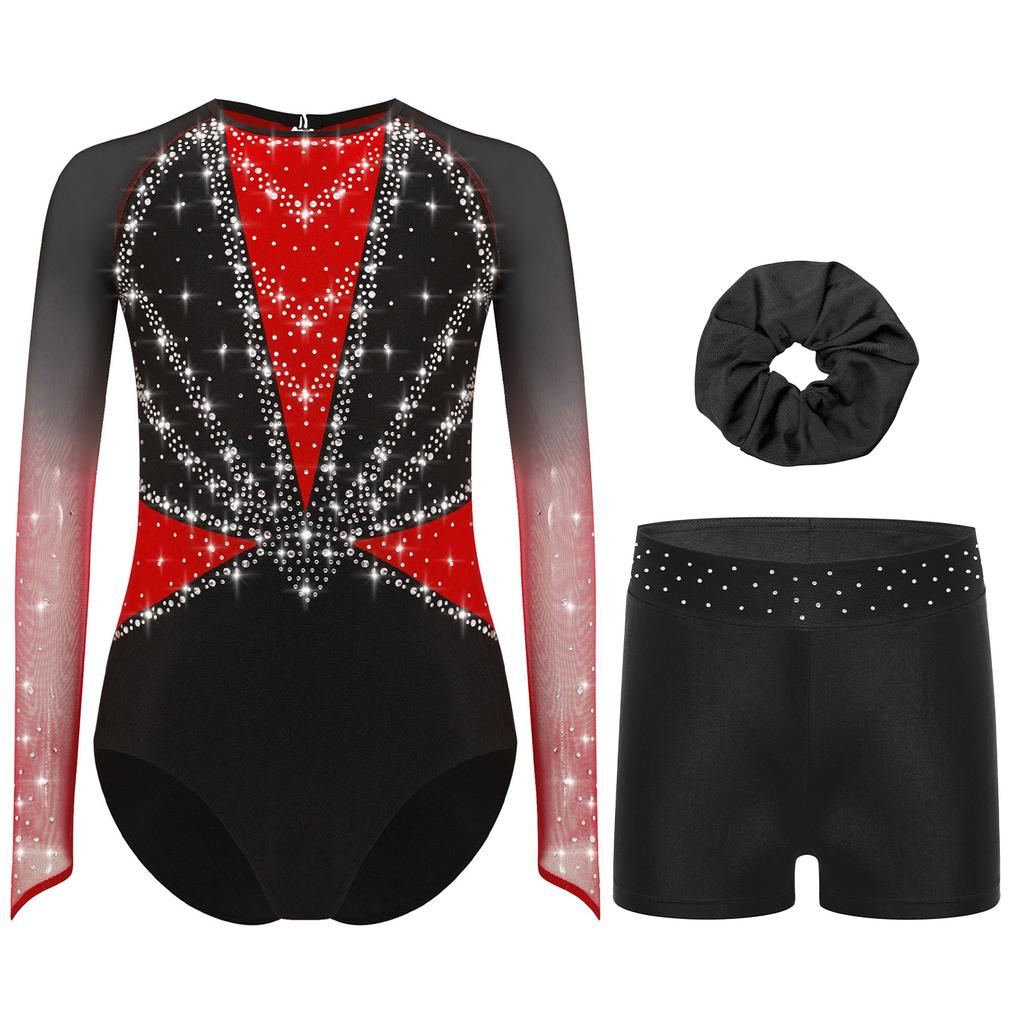 Mädchen Turnanzug Netz Langarm Leotard Strass-Dekor Shorts Stirnband Set