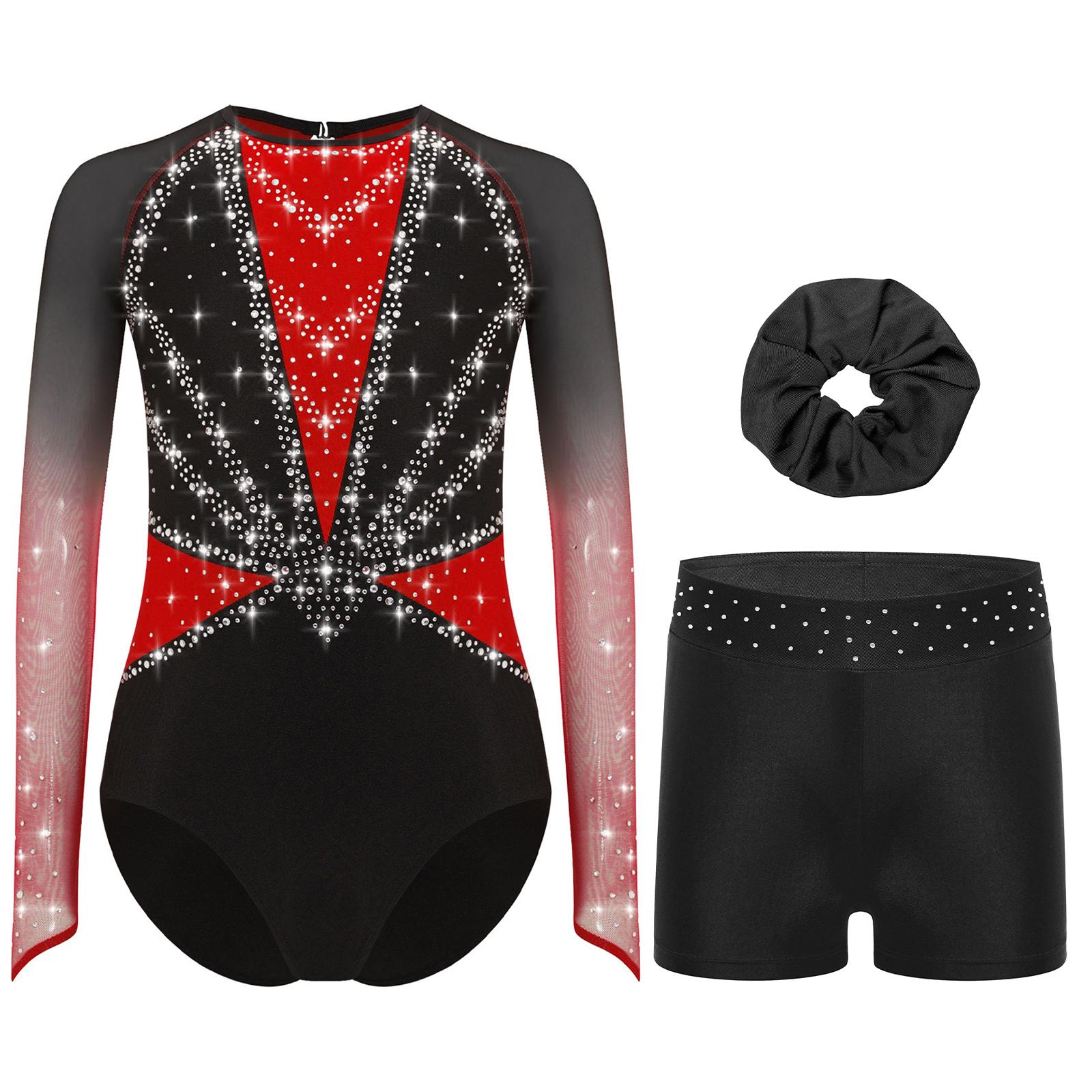 Dívčí gymnastický outfit ze síťoviny s dlouhým rukávem, trikot s kamínky a kraťasy, čelenka 5-6 Years červená