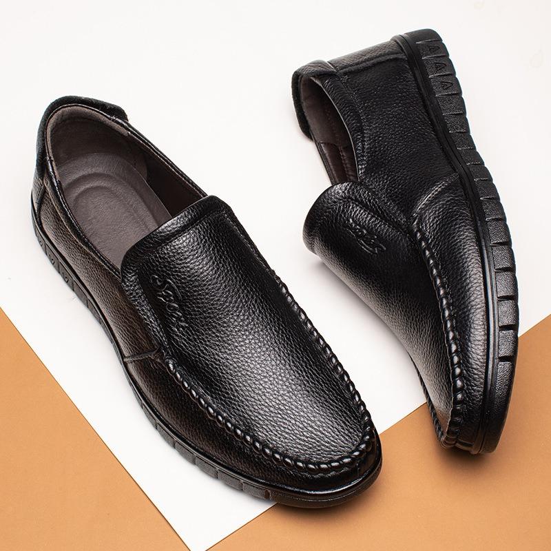 Large Size Men's Leather Shoes Men's Foot Cover Leather Hollow Breathable Casual Single Shoes Soft Sole Medium Old Dad Lazy Shoes