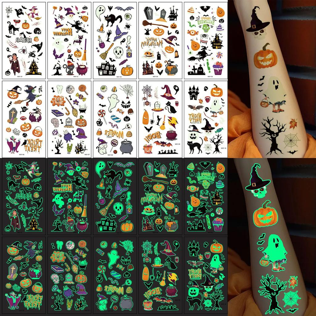 Temporary Tattoo Stickers, 10 Sheets with 180 Patterns, Glow-in-the-Dark, Halloween Series, Waterproof, Realistic Designs