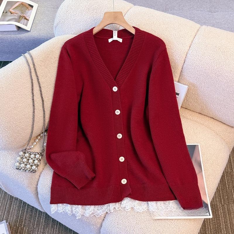 

New Autumn-winter Women s Large-size Lace-embroidered V-neck Knitted Cardigan As A Base Layer for Outerwear 6XL червоний
