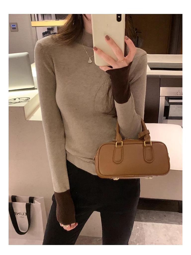 Korean Color Block Slim Fit Women's Knitwear - Autumn/Winter Long Sleeve Semi-High Neck Sweater