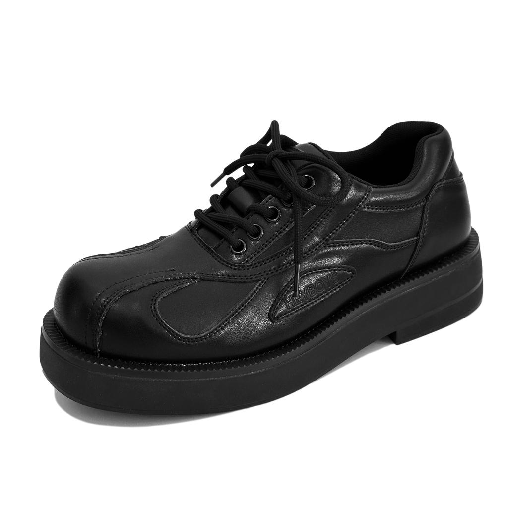 Men's round headed genuine leather shoes Fashionable black and white color blocking style Party thick soled walking office shoes