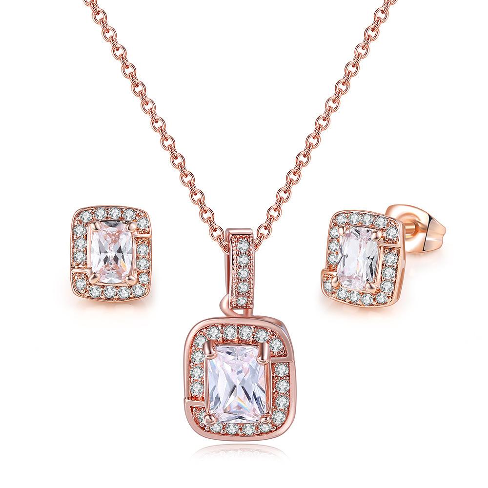 Simple Geometric Square Zircon Stud Earrings Pendant Necklace Women'S, Colored Gemstones Engagement Jewelry Set