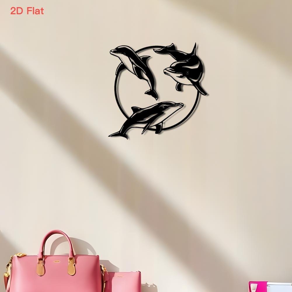 Arte da Parete in Metallo Cerchio Tre Delfini Piatto 2D Ferro Battuto Nero Taglio Laser Decorazione Carina Tema Costiero Oceano Casa