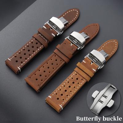Vintage Cowhide Watch Strap Breathable Leather Watch Band 18mm 19mm 20mm 21mm 22mm 24mm Quick Relase Butterfly Buckle Bracelet