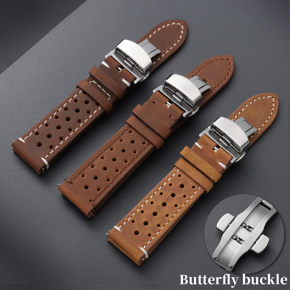 Vintage Cowhide Watch Strap Breathable Leather Watch Band 18mm 19mm 20mm 21mm 22mm 24mm Quick Relase Butterfly Buckle Bracelet