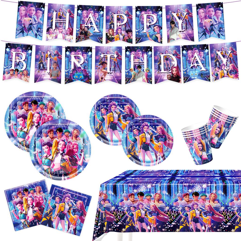 New Blue KPOP Demon Hunters Birthday Party Decorations Set, Disposable Paper Plates Napkins Knife Fork Spoon Tableware Kit