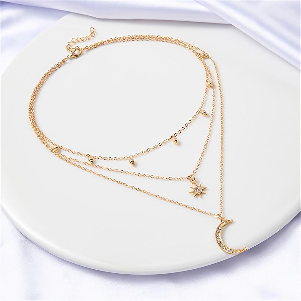 1-Pack Alloy Pendant Rhinestone Inlaid Three-Layer Necklace, Stylish Small Round Bead Tassel Hexagram Moon Pendant Trendy