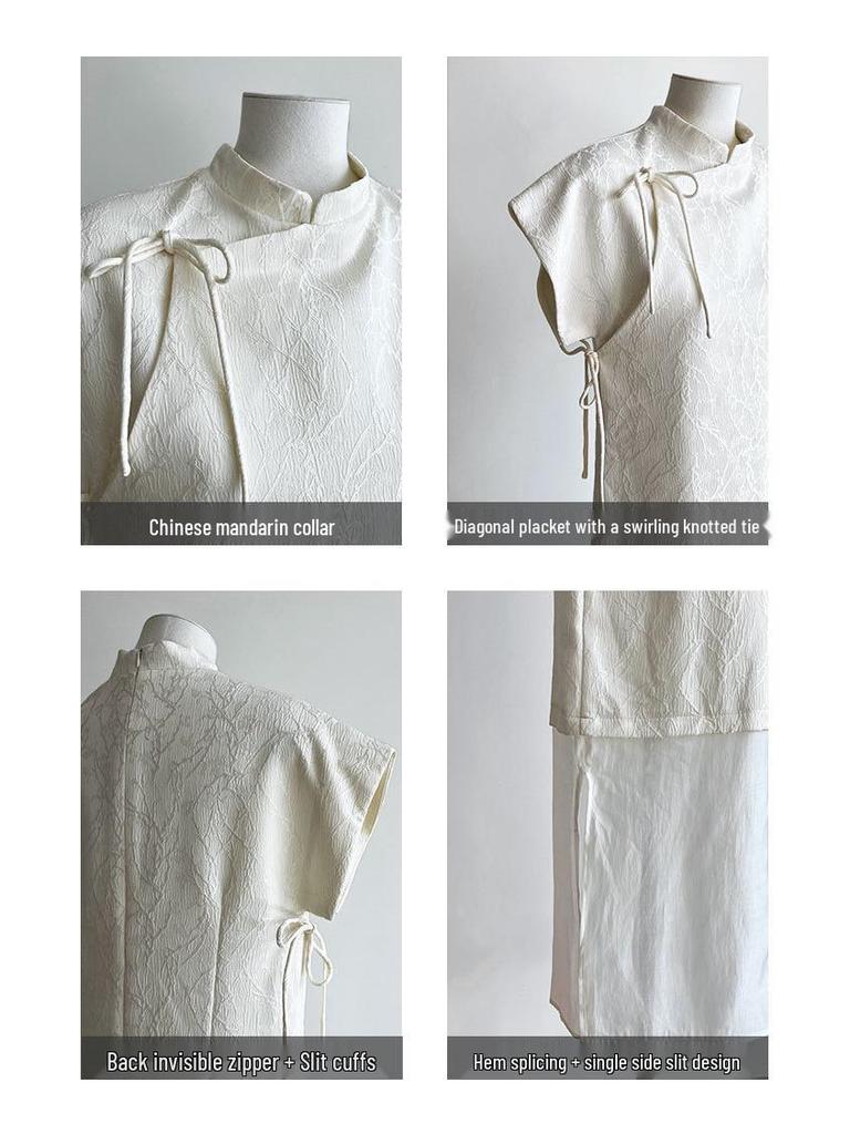 Luxi Jacquard New Chinese Style Cheongsam Dress with Mesh Hem and Tie-Up Placket