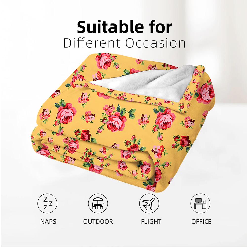 Vintage Yellow Pink Small Rose Anime Cartoon Flannel Blanket Soft Warm Throw for Bedroom Sofa Car Kids Holiday Gift