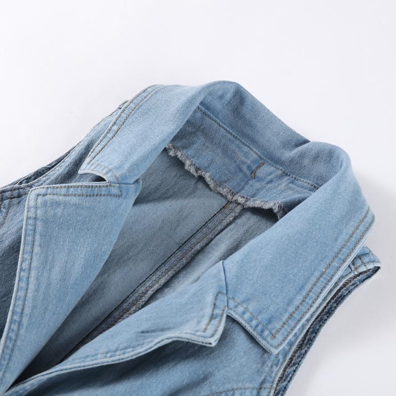 Szykowna Damska Jeansowa Obcisła Długa Sukienka Niebieska Klapy Głęboki Dekolt V Wysokie Rozcięcie Bez Rękawów Jednorzędowa Falbankowa Szata 2025 Damska Codzienna Vestido