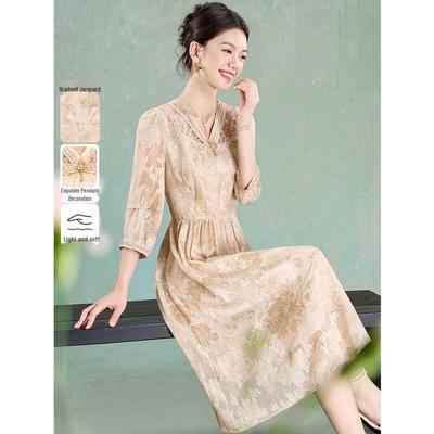 Summer Lace Sequin Beaded V-Neck A-Line Midi Dress