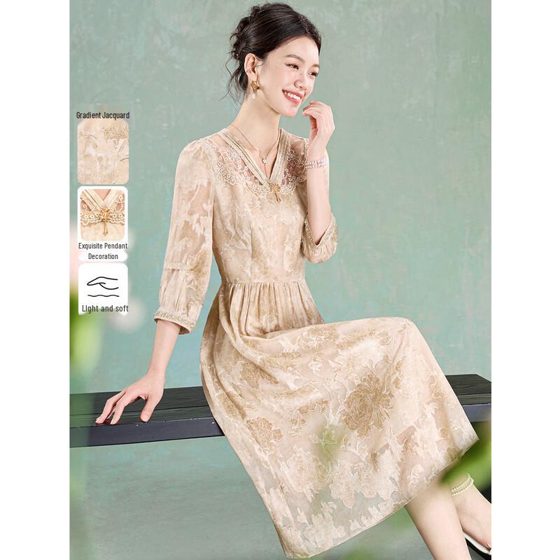 Summer Lace Sequin Beaded V-Neck A-Line Midi Dress XL