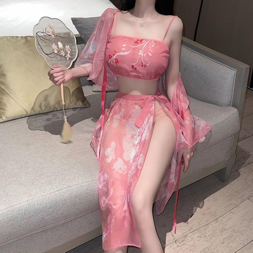 Large size new sexy underwear shawl temptation ancient embroidery Hanfu high slit exposed legs perspective belly pocket neck skirt