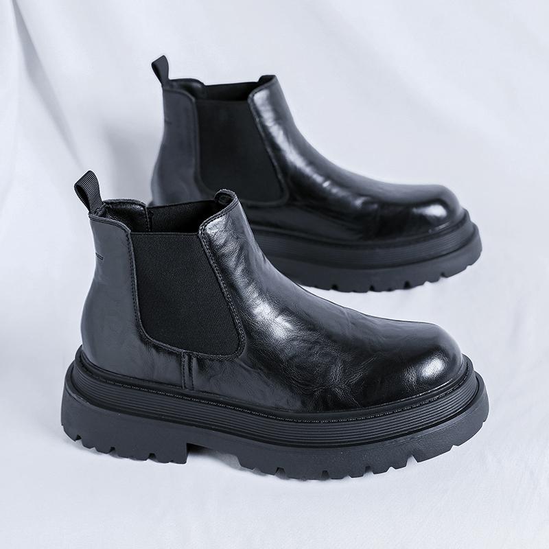 British Style Men Casual Leather Chelsea Boots High-top Business Dress Shoes Fashion Thick Bottom Male Ankle Boots Slip On Shoes