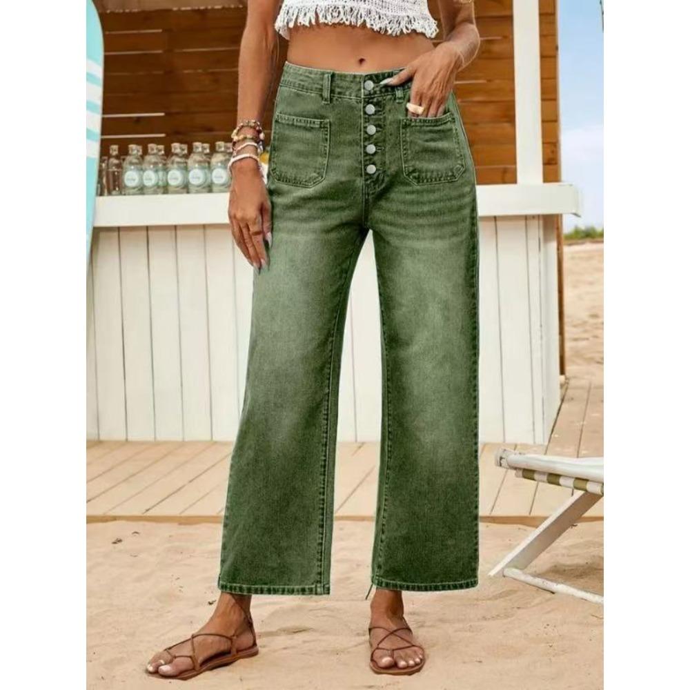 Women's Mid Rise Wide Leg Jeans Loose Fit Button Front Pocket Ankle Length Denim Culottes
