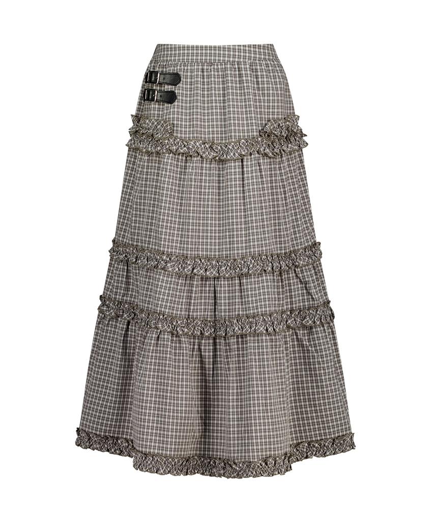Iligo Buckle Frill Long Skirt Check Beige