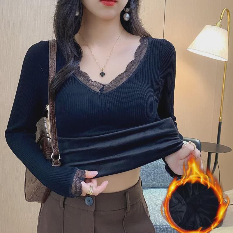 "Top de iarnă călduros pentru femei cu gât în V din fleece cu cupe pentru bust, mânecă lungă, cămașă strâmtă de bază"