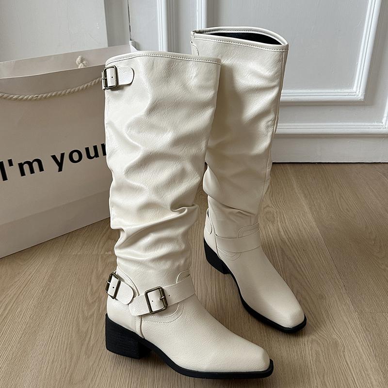 Autumn Winter Pointed Toe Pleated Women Knee High Boots Square Heels Long Booties  De Mujer