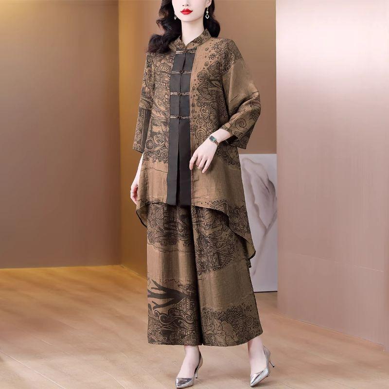 Lady's Spring 2025 Plus Size Retro Two-Piece: Irregular Top & Wide-Leg Pants Set