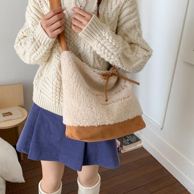 Fashion Faux Suede Women's Plush Shoulder Bags Winter Letter Female Large Crossbody Bag Double Sided Casual Tote Travel Handbags
