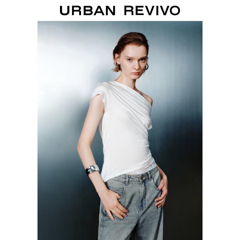 UR 2025 Summer Women s Oblique Shoulder Pleated Slim T-Shirt L
